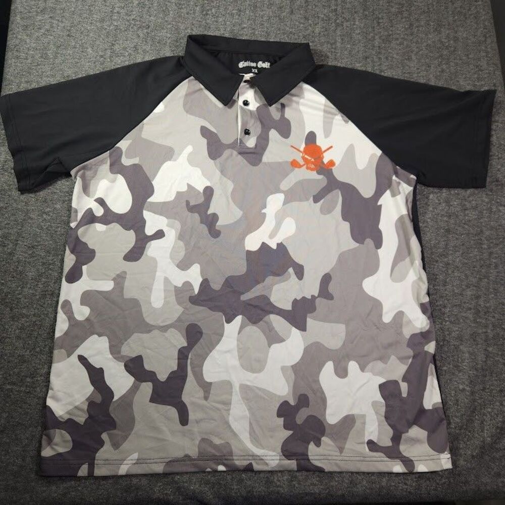 Tattoo Golf Gray Camouflage Black Polo Shirt Button Size XL Short Sleeved